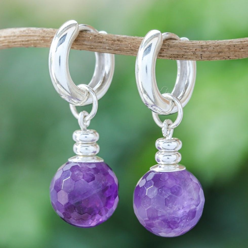 Sterling Silver Hoop Earrings with Dangling Amethyst Stones 'Shining Splendor'