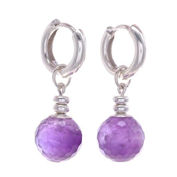 Alternate image for Sterling Silver Hoop Earrings with Dangling Amethyst Stones Shining Splendor