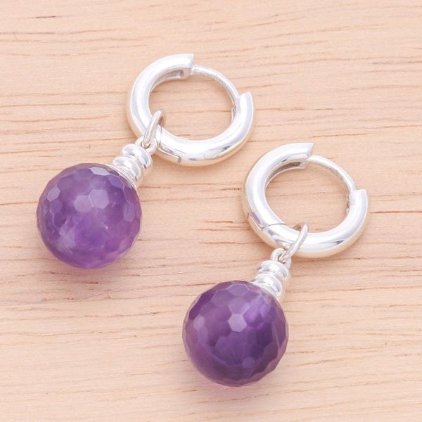 Alternate image for Sterling Silver Hoop Earrings with Dangling Amethyst Stones Shining Splendor