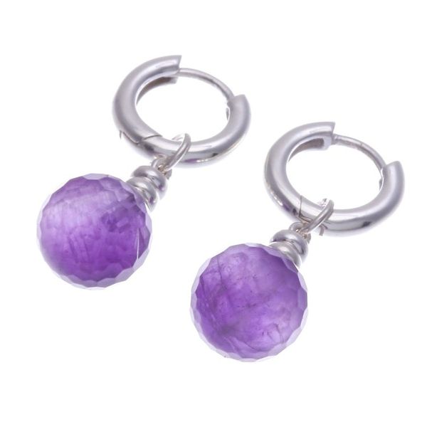 Alternate image for Sterling Silver Hoop Earrings with Dangling Amethyst Stones Shining Splendor