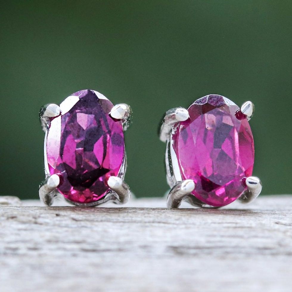 Sterling Silver Button Earrings with Natural Rhodolite Gems 'Eternity Maiden'