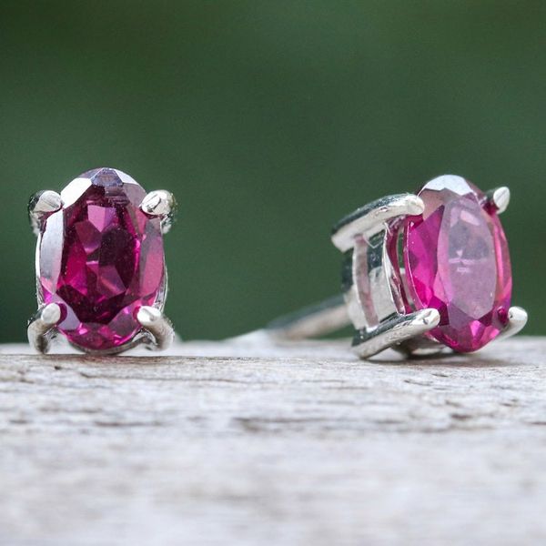 Alternate image for Sterling Silver Button Earrings with Natural Rhodolite Gems Eternity Maiden