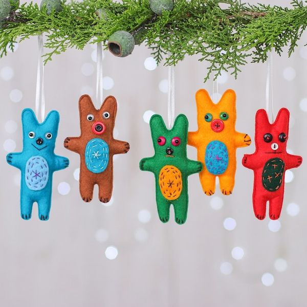 Alternate image for Set of 5 Handcrafted Bear Felt Ornaments in Colorful Hues Bear Imagination