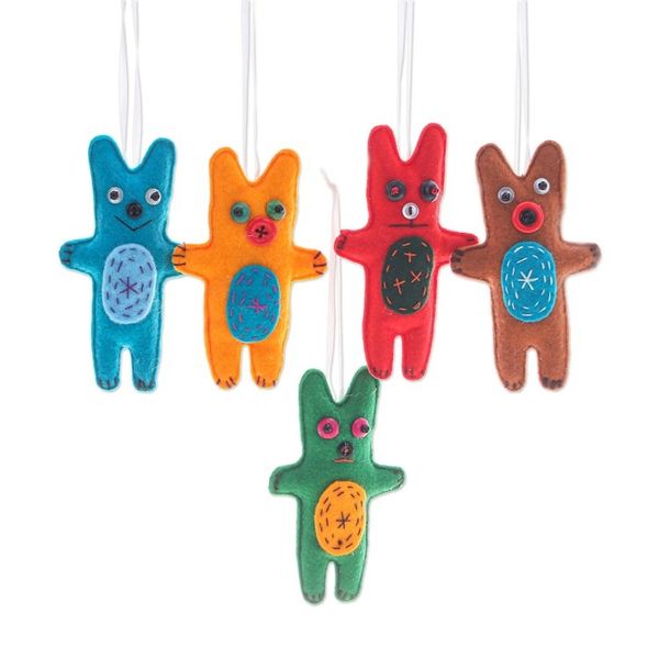 Alternate image for Set of 5 Handcrafted Bear Felt Ornaments in Colorful Hues Bear Imagination
