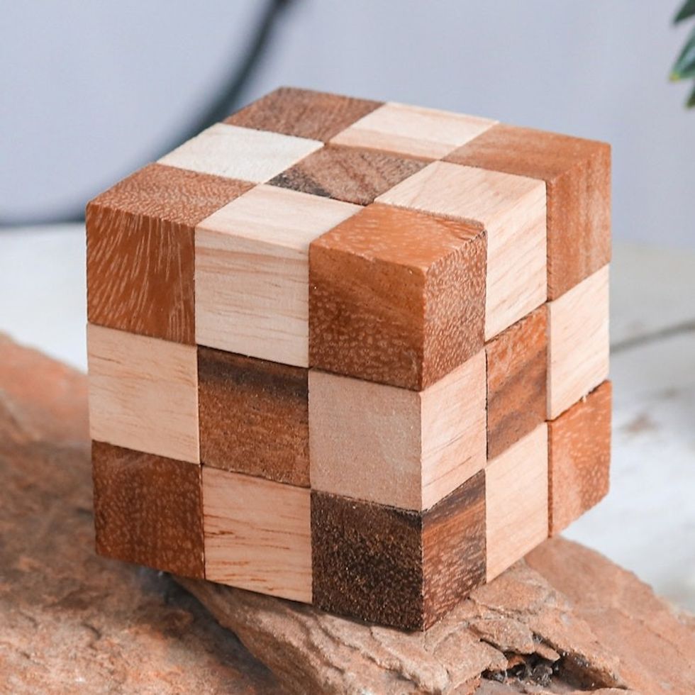 Handcrafted Natural Brown Raintree and Rubberwood Snake Cube 'Logic Squares'
