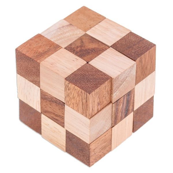 Alternate image for Handcrafted Natural Brown Raintree and Rubberwood Snake Cube Logic Squares