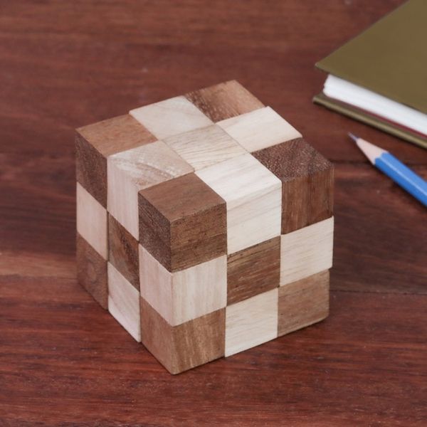 Alternate image for Handcrafted Natural Brown Raintree and Rubberwood Snake Cube Logic Squares