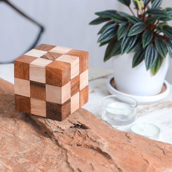 Alternate image for Handcrafted Natural Brown Raintree and Rubberwood Snake Cube Logic Squares
