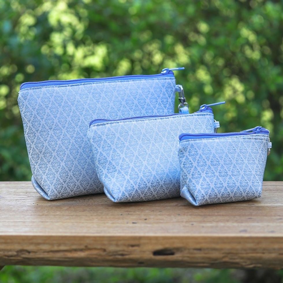 Set of 3 Handmade Thai Cosmetic Bags in Blue and White 'Ethereal Trio'