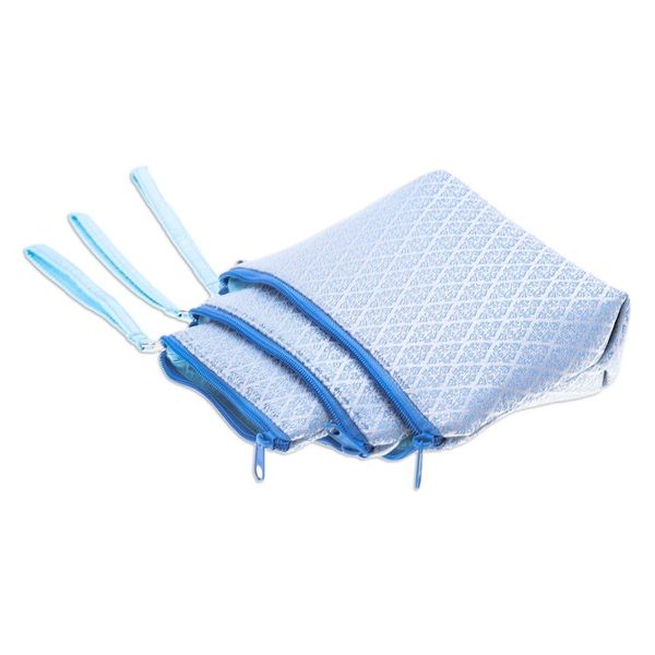 Alternate image for Set of 3 Handmade Thai Cosmetic Bags in Blue and White Ethereal Trio