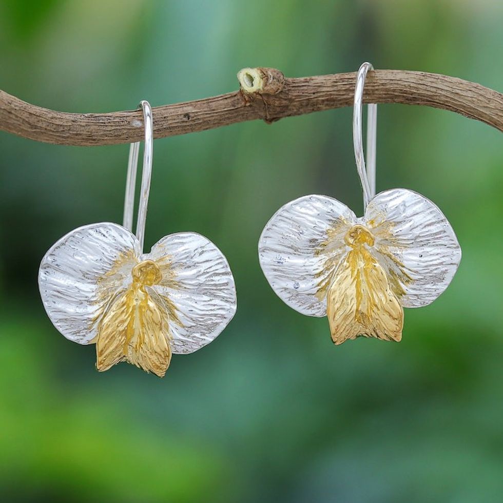 Thai Gold-Accented Floral Drop Earrings 'Golden Orchid'