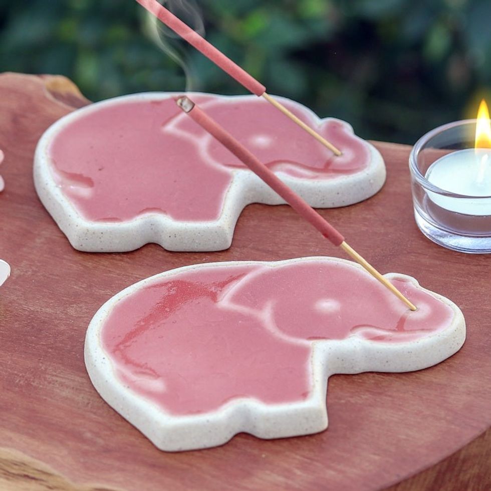 Handcrafted Elephant-Shaped Pink Incense Holders Pair 'Pink Elephant'