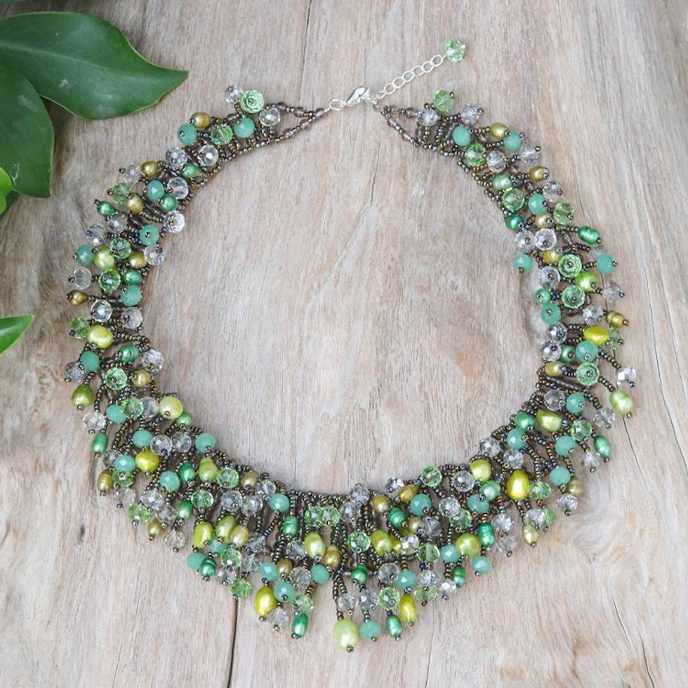 Clear Glass Beaded Waterfall Necklace with Green Pearls 'Rain of Joy'