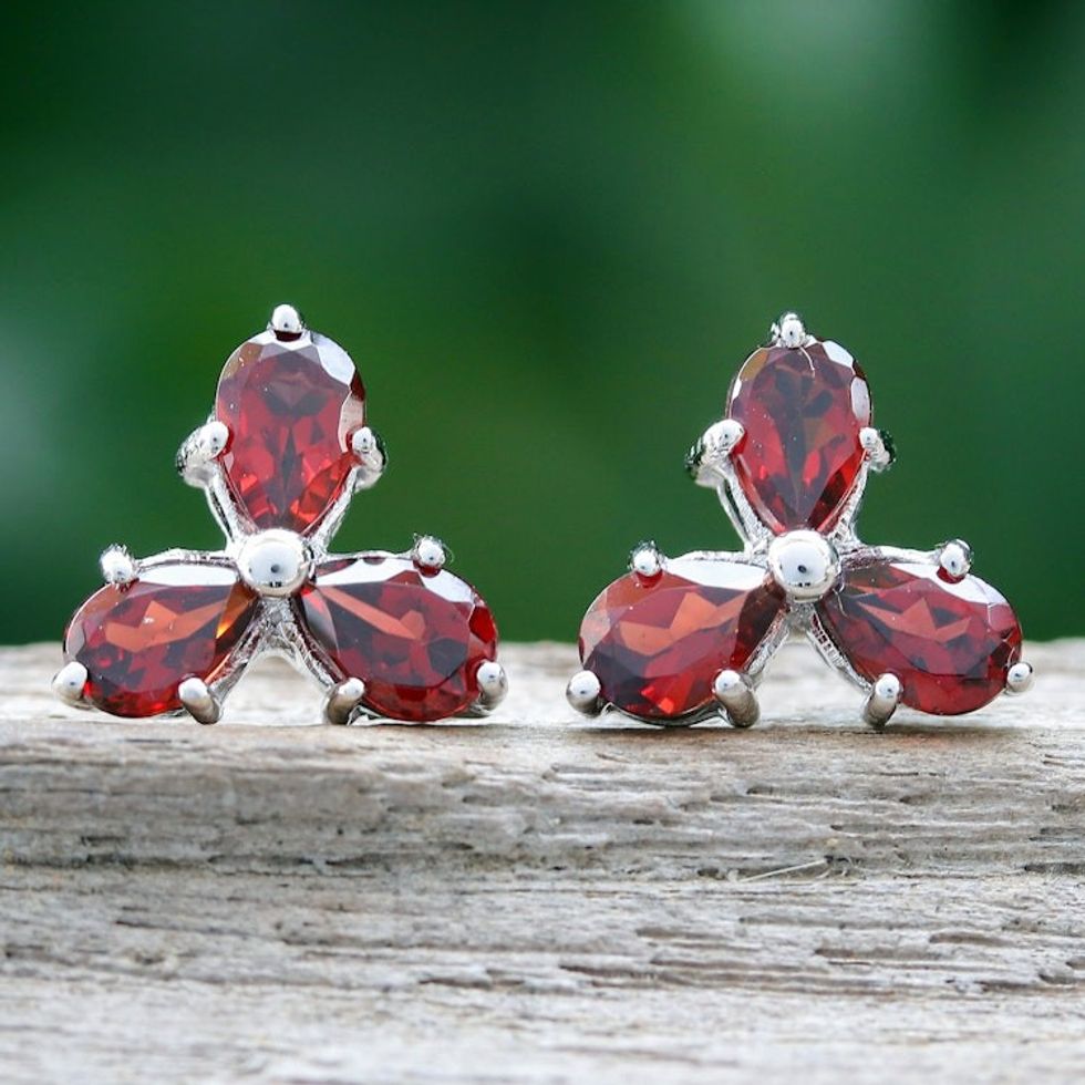 Clover-Themed Button Earrings with Three-Carat Garnet Gems 'Perseverance Clover'