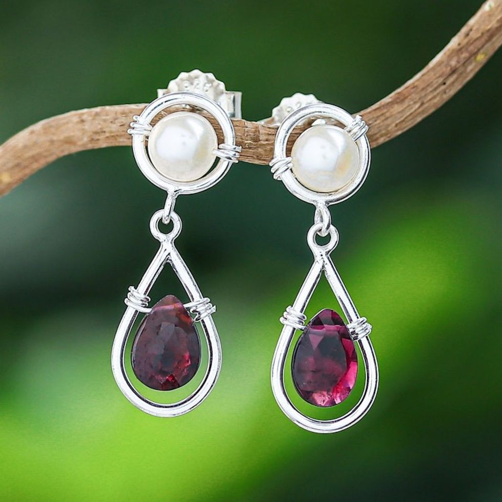 Two-Carat Natural Garnet Dangle Earrings with White Pearls 'Perseverance Treasures'