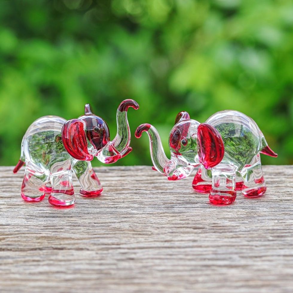 Set of 2 Elephant-Themed Handblown Glass Figurines in Red 'Passion Trunks'