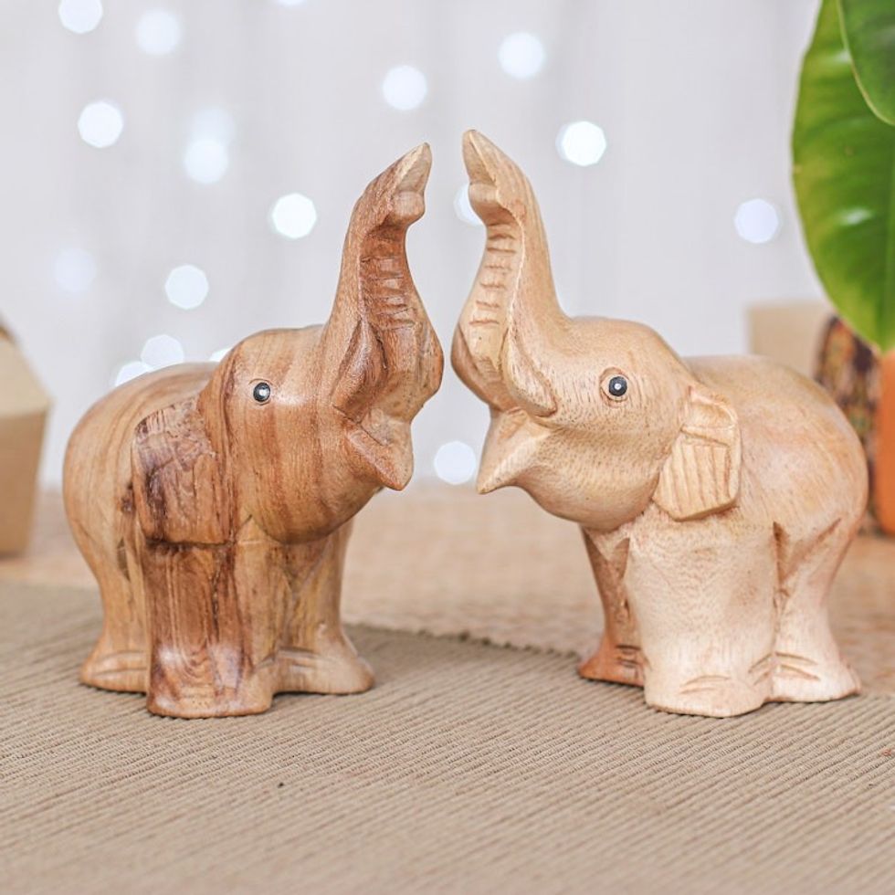 Set of 2 Hand-Carved Elephant Raintree Wood Sculptures 'Twin Greeting'