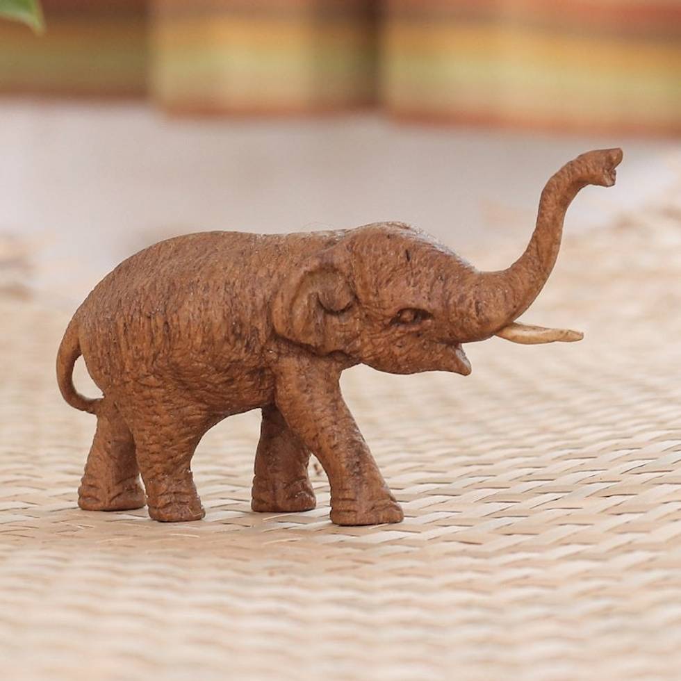 Handmade Teak Wood Elephant Statuette from Thailand 'Step on Toes'