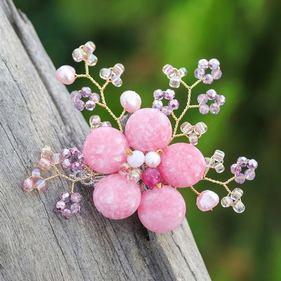 Flower-Shaped Pink Cultured Pearl and Quartz Brooch Pin 'Petals of Compassion'