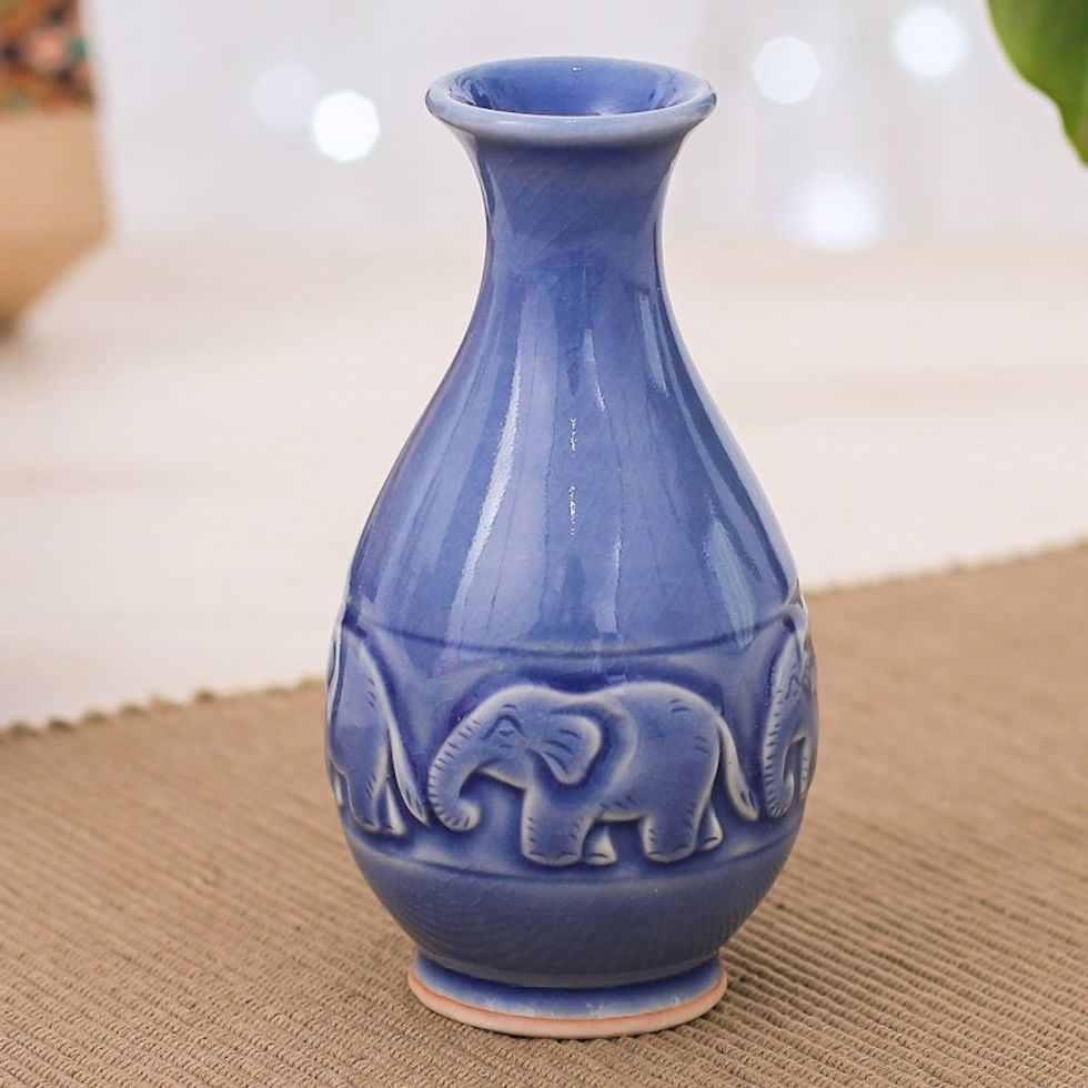 Celadon Ceramic Elephant Vase in Blue Handmade in Thailand 'Joyful Elephants'