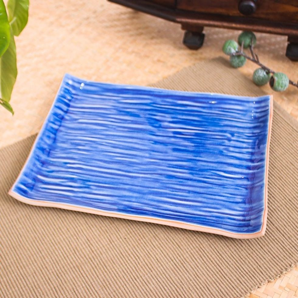 Celadon Ceramic Platter in Blue Handmade in Thailand 'Tree Stump in Blue'