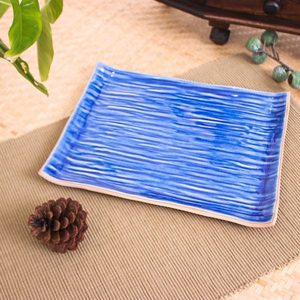 Alternate image for Celadon Ceramic Platter in Blue Handmade in Thailand Tree Stump in Blue