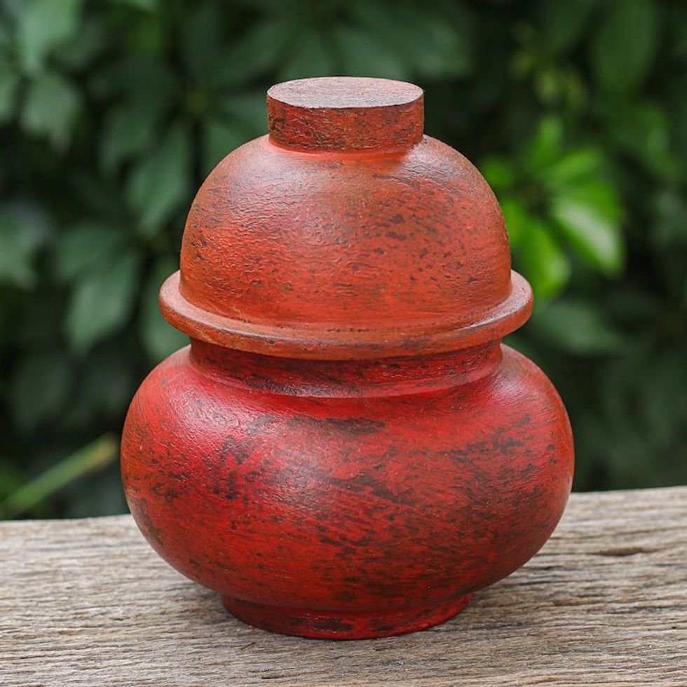 Antiqued Red Wood Decorative Jar Handmade in Thailand 'Chinese Red'