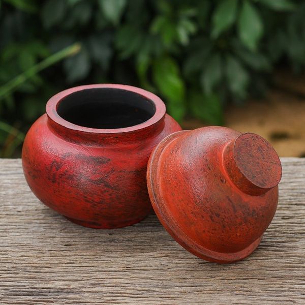 Alternate image for Antiqued Red Wood Decorative Jar Handmade in Thailand Chinese Red