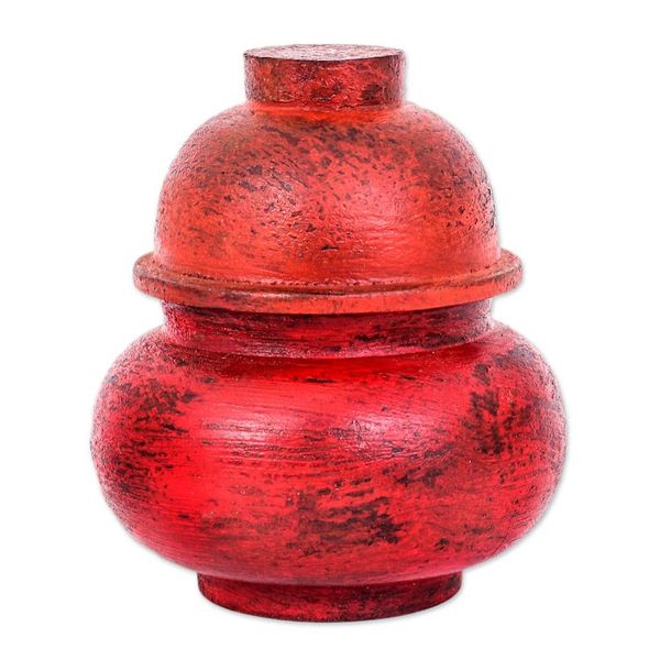 Alternate image for Antiqued Red Wood Decorative Jar Handmade in Thailand Chinese Red