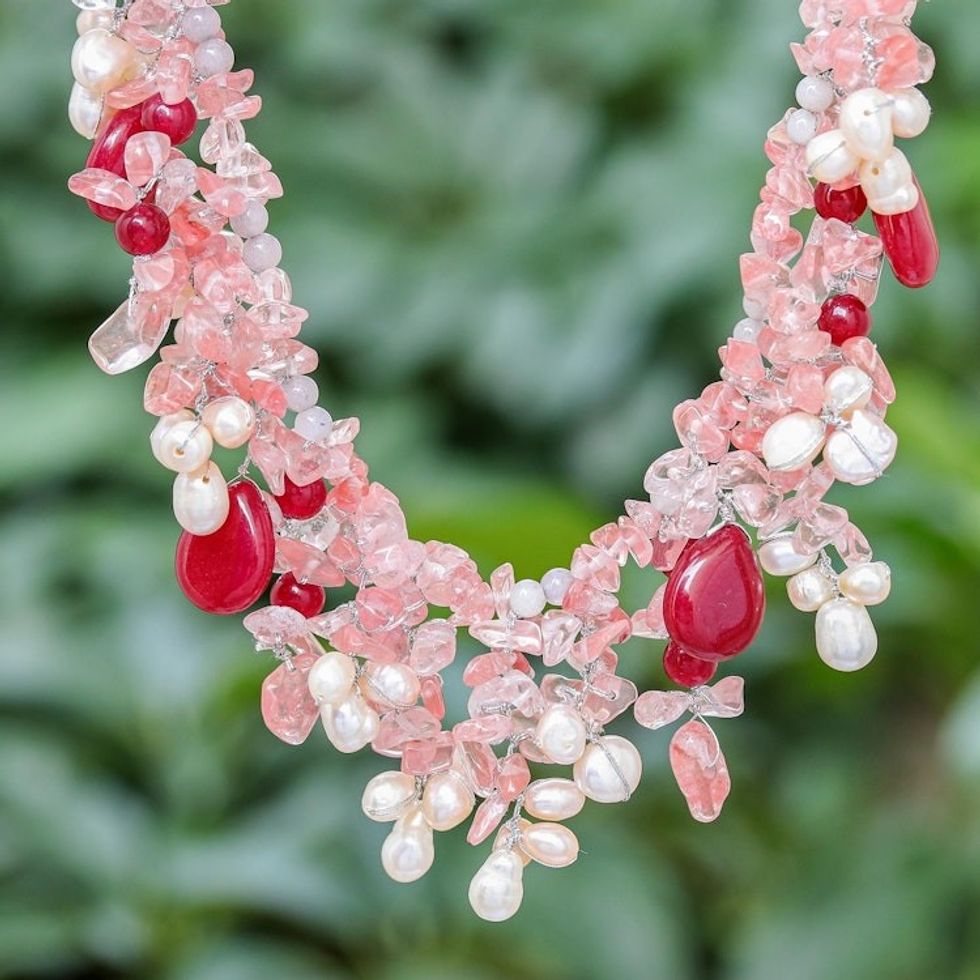 Handmade Cultured Pearl and Quartz Pendant Necklace 'Pink Palace'