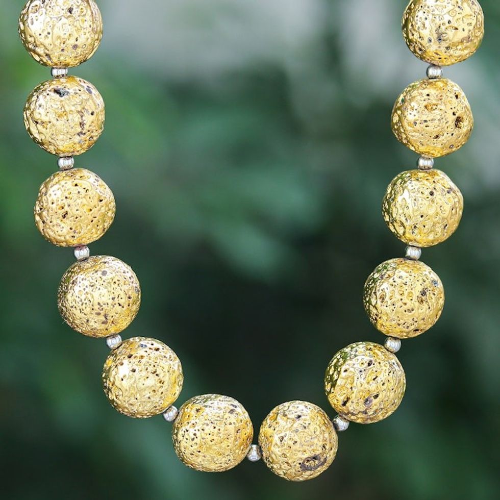 Gold-Toned Lava Stone and Hematite Beaded Necklace 'Blazing Golden'