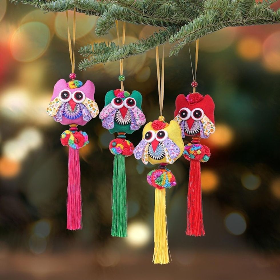 Handcrafted Cotton-Blend Owl Ornaments Set of 4 'Happy Thai Owls'