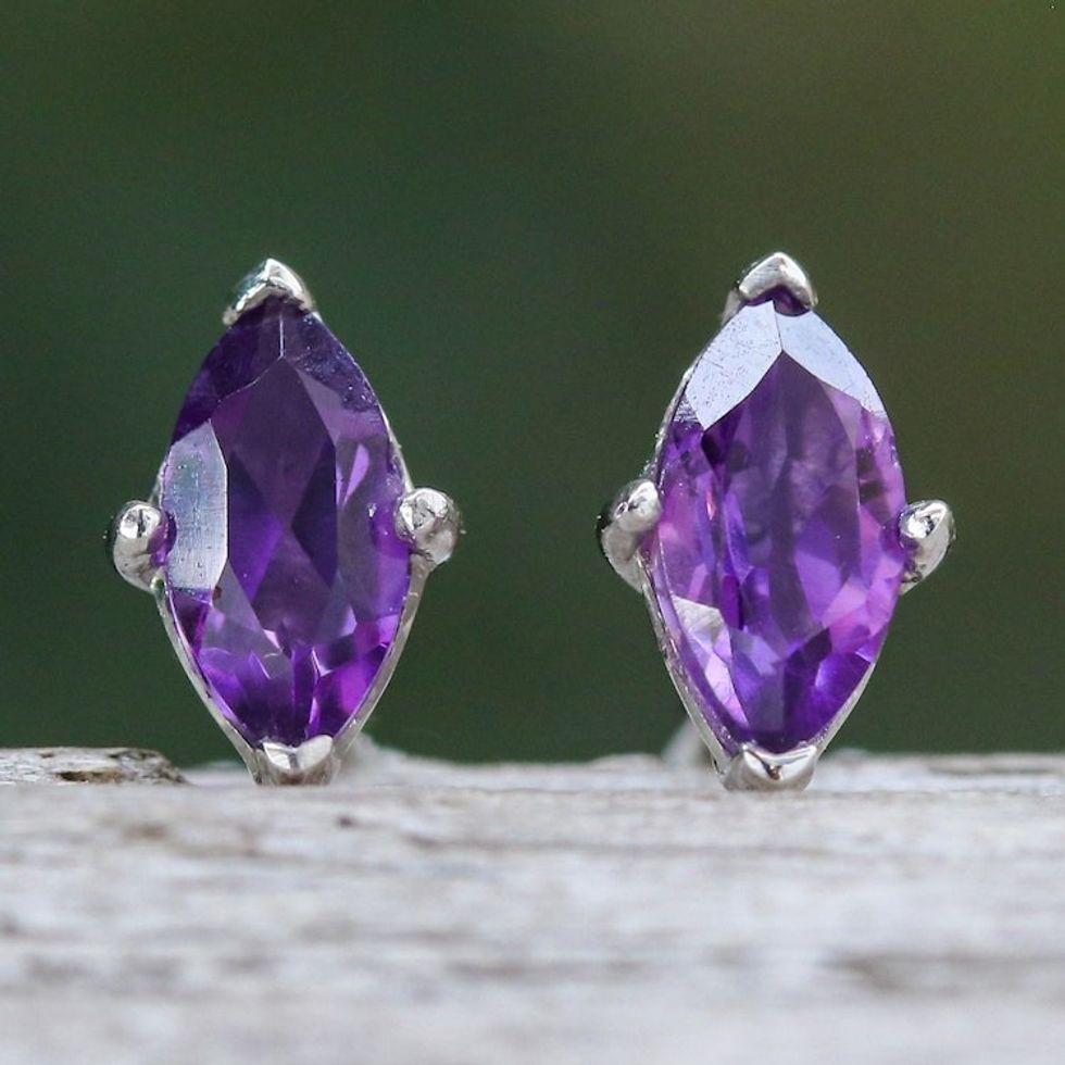 Polished Button Earrings with Marquise-Shaped Amethyst Gems 'The Wise Marchioness'
