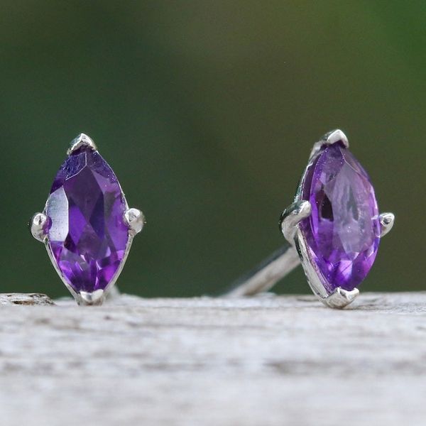 Alternate image for Polished Button Earrings with Marquise-Shaped Amethyst Gems The Wise Marchioness