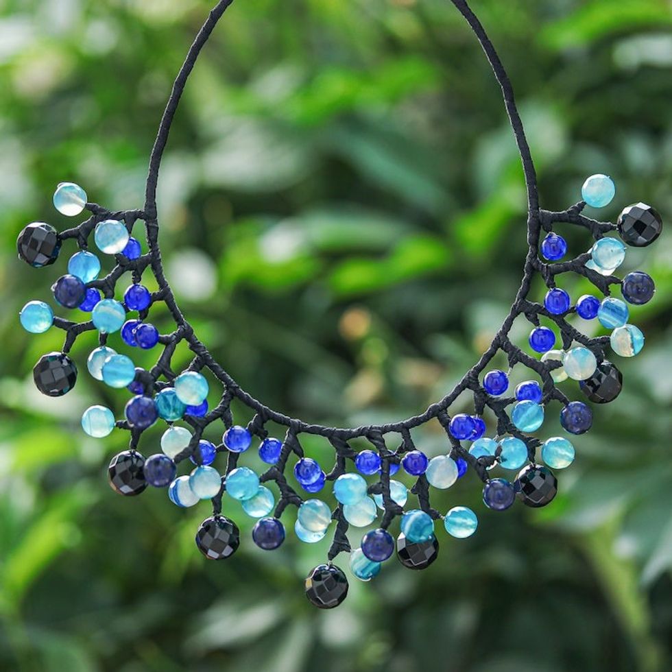 Blue and Black Multi-Gemstone Waterfall Choker Necklace 'Sea Bubbles'