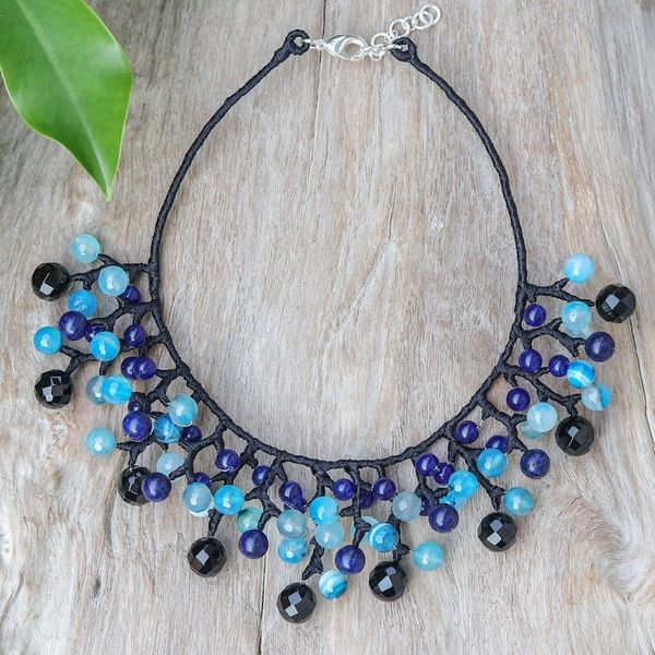 Alternate image for Blue and Black Multi-Gemstone Waterfall Choker Necklace Sea Bubbles