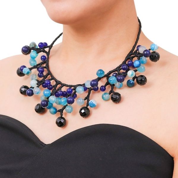 Alternate image for Blue and Black Multi-Gemstone Waterfall Choker Necklace Sea Bubbles