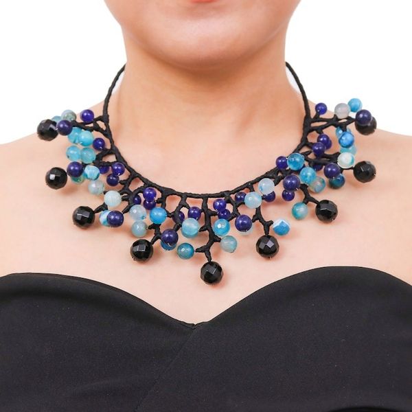 Alternate image for Blue and Black Multi-Gemstone Waterfall Choker Necklace Sea Bubbles