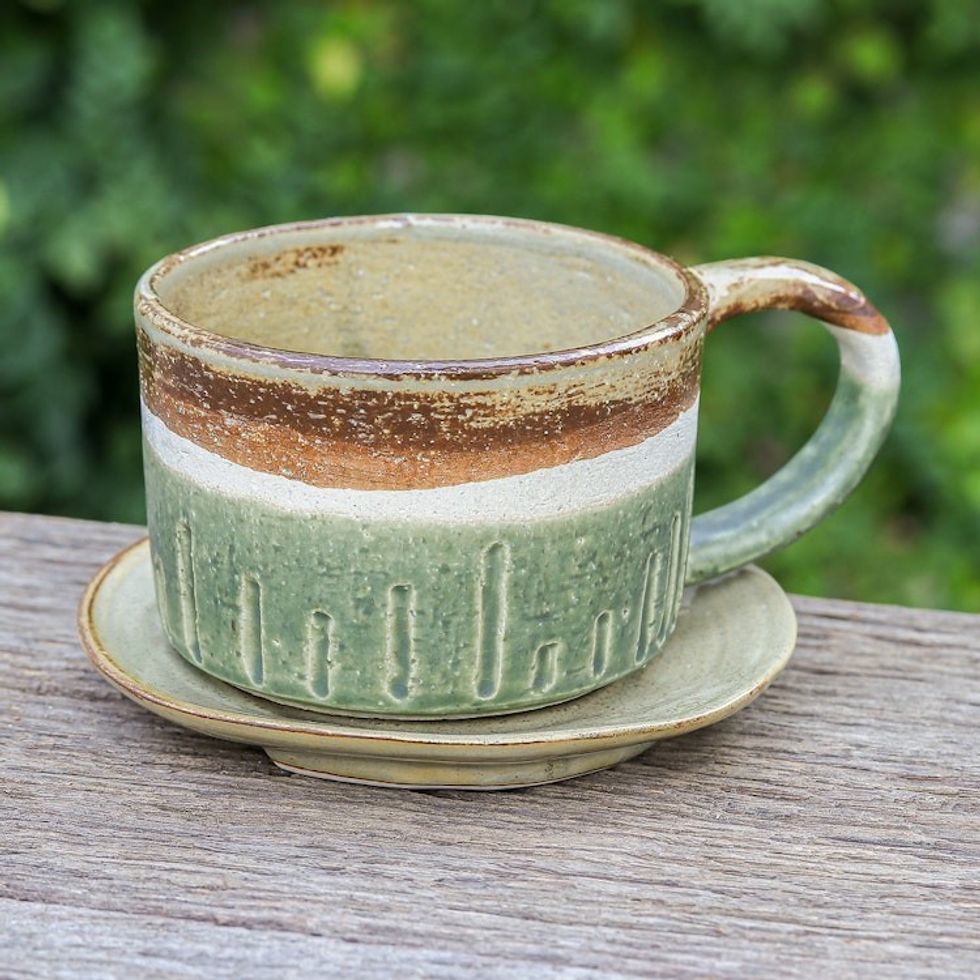 Brown and Green Ceramic Cup and Saucer Set from Thailand 'Natural Sensations'