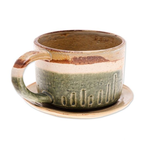 Alternate image for Brown and Green Ceramic Cup and Saucer Set from Thailand Natural Sensations