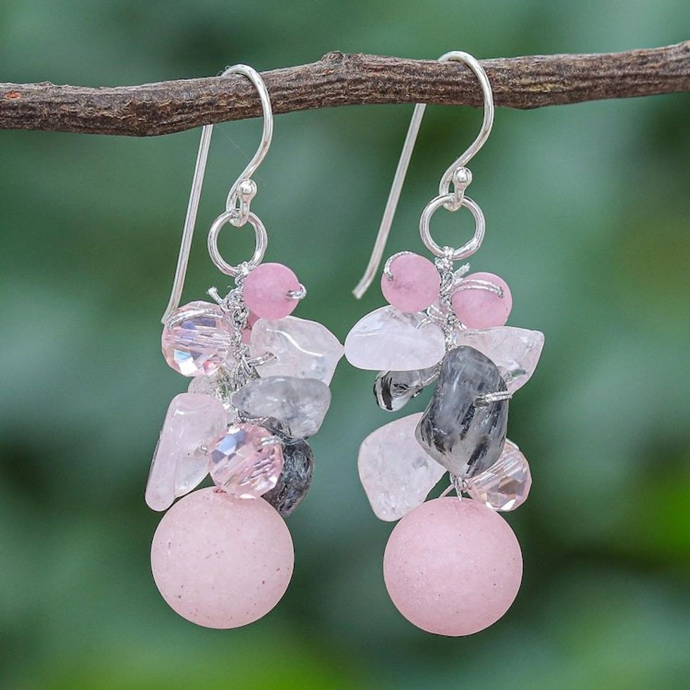 Handcrafted Rose Quartz and Glass Bead Dangle Earrings 'Frozen Flowers'