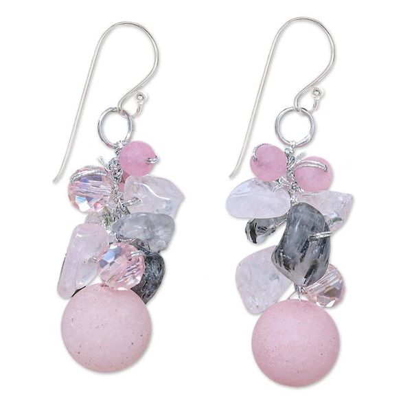 Alternate image for Handcrafted Rose Quartz and Glass Bead Dangle Earrings Frozen Flowers