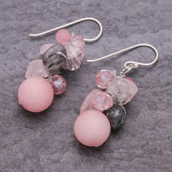 Alternate image for Handcrafted Rose Quartz and Glass Bead Dangle Earrings Frozen Flowers