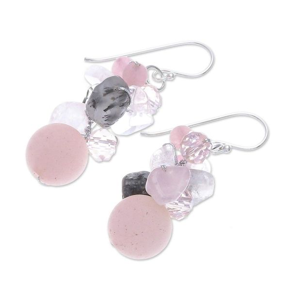Alternate image for Handcrafted Rose Quartz and Glass Bead Dangle Earrings Frozen Flowers