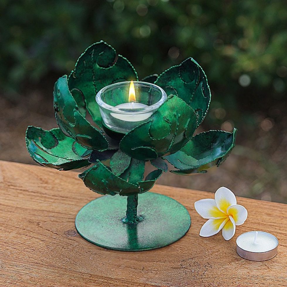 Green Lotus-Themed Iron Tealight Candleholder from Thailand 'Vitality Lotus'