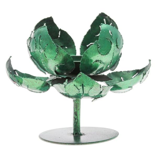 Alternate image for Green Lotus-Themed Iron Tealight Candleholder from Thailand Vitality Lotus