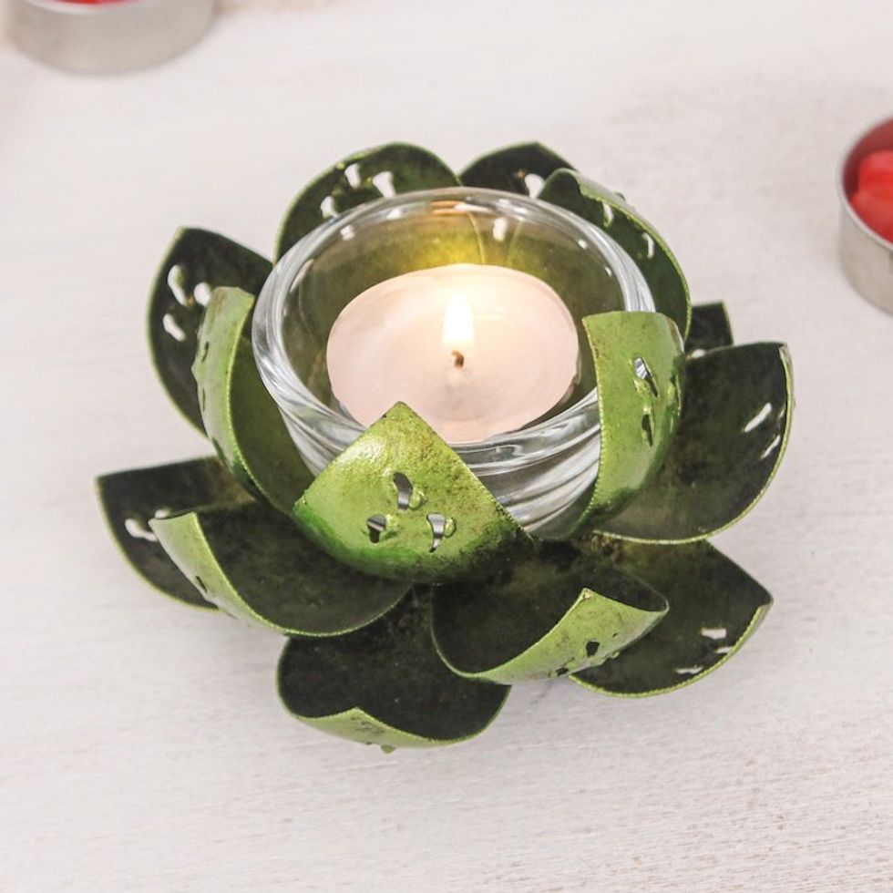 Handcrafted Light Green Steel Lotus Flower Tealight Holder 'Precious Lotus in Light Green'
