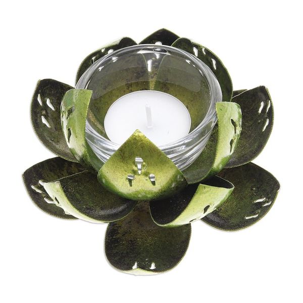 Alternate image for Handcrafted Light Green Steel Lotus Flower Tealight Holder Precious Lotus in Light Green