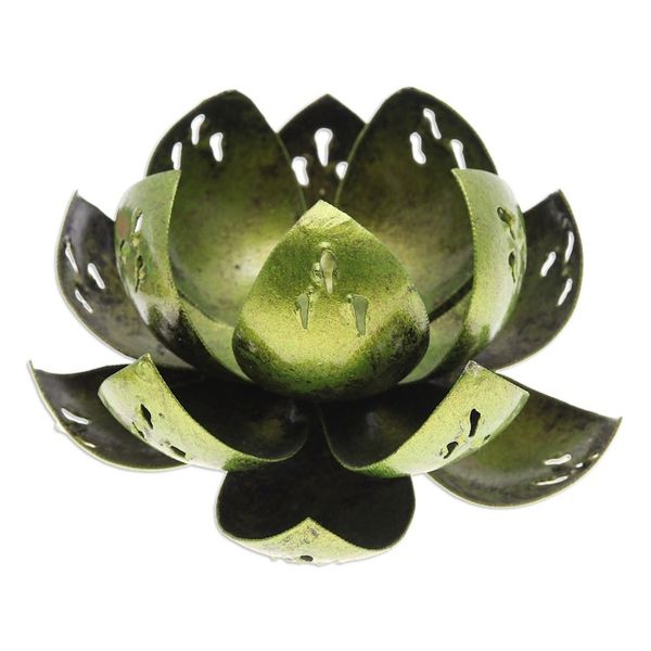 Alternate image for Handcrafted Light Green Steel Lotus Flower Tealight Holder Precious Lotus in Light Green