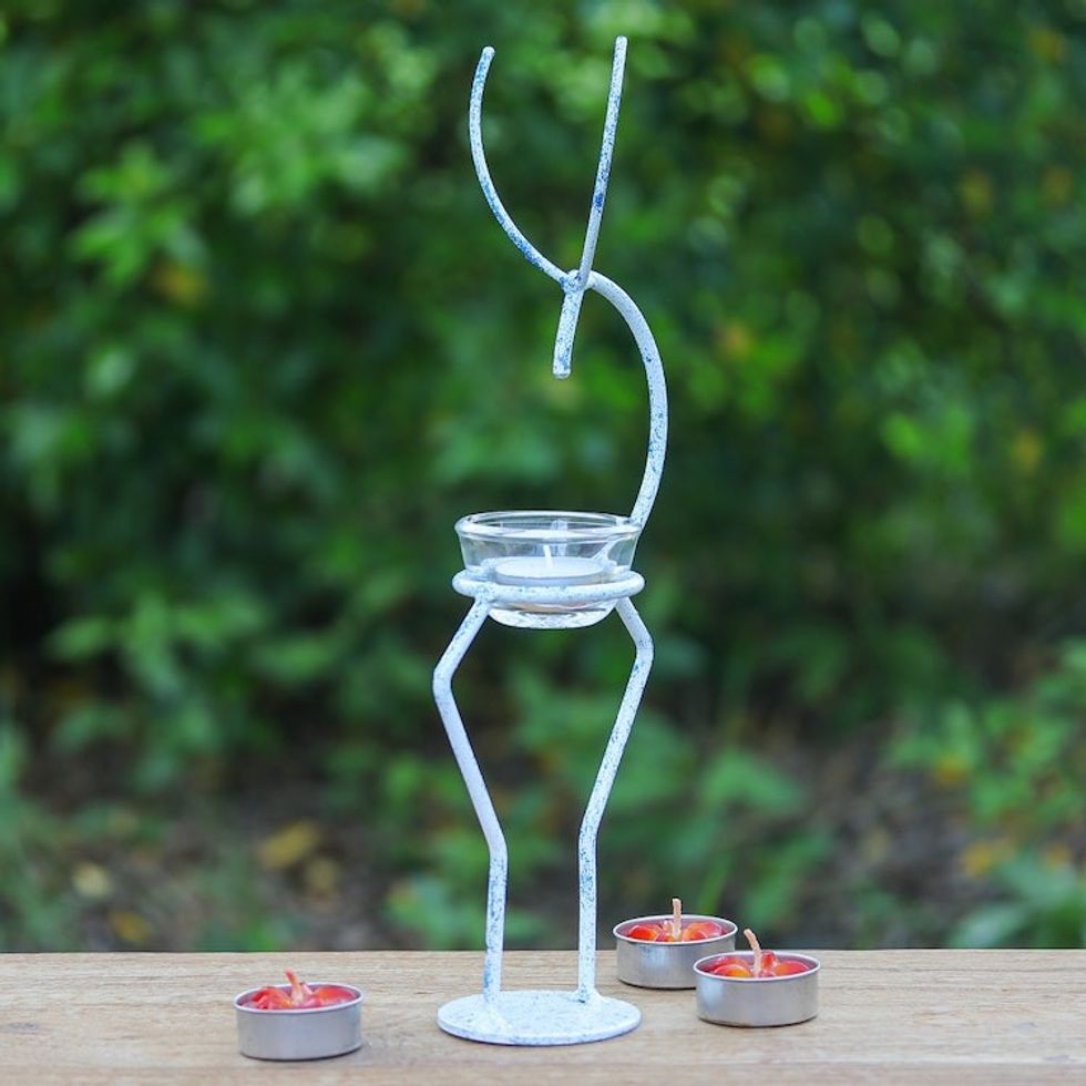 Iron Deer Tealight Holder in White and Blue from Thailand 'Deer Splendor in Blue'